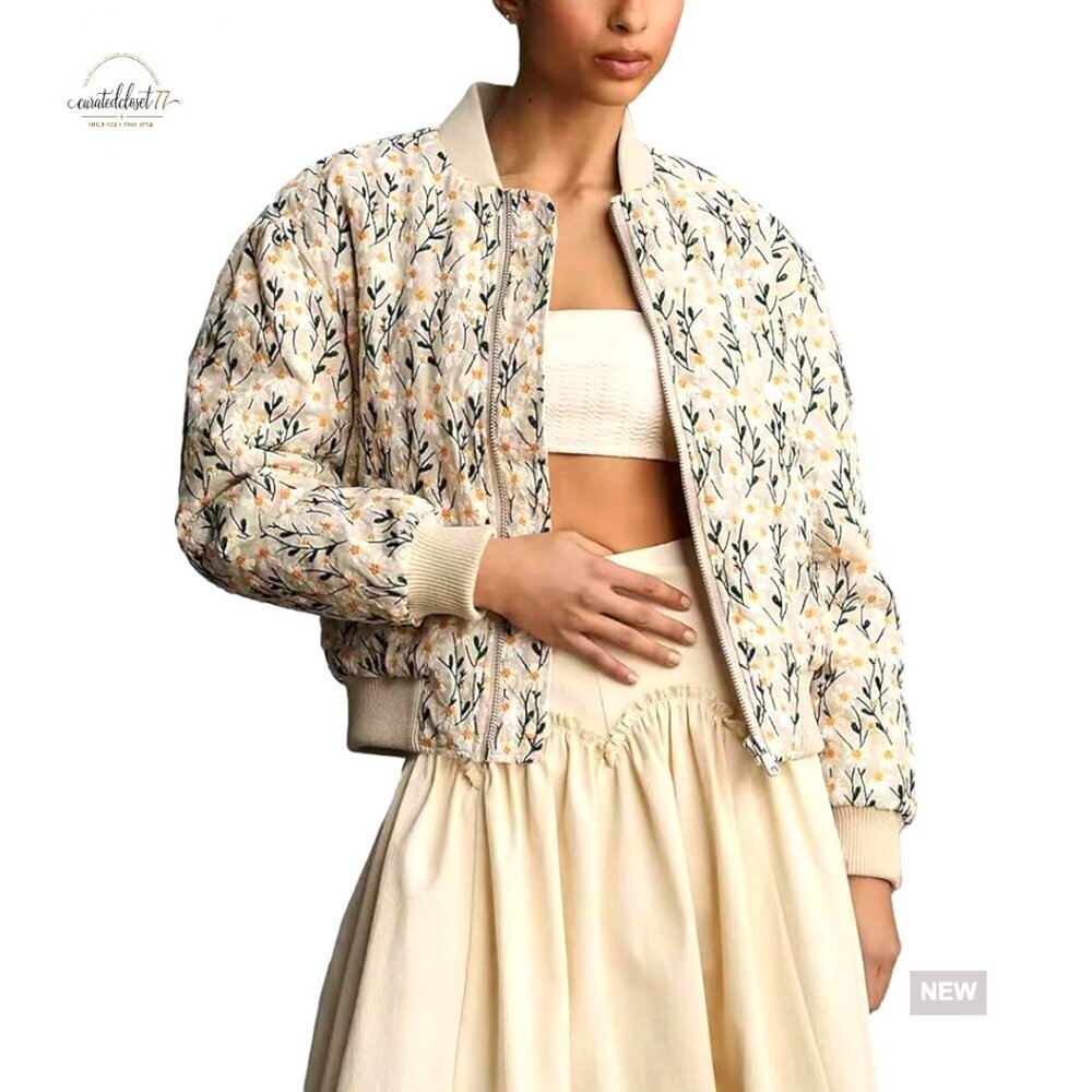 Women's Embroidered Daisy Cropped Bomber Jacket Quilted Puffer Coat